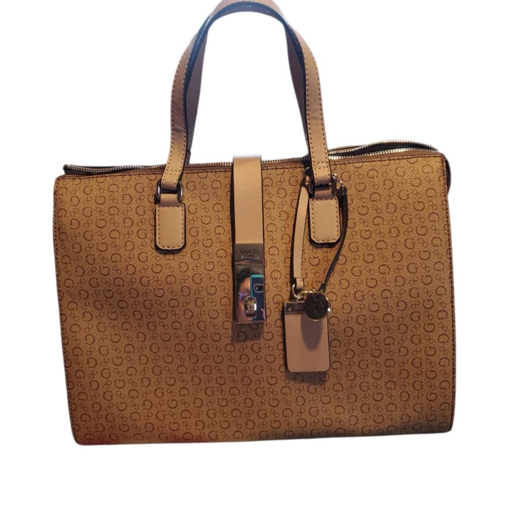 Guess Tan Satchel with Leather Handles and Metal Accents